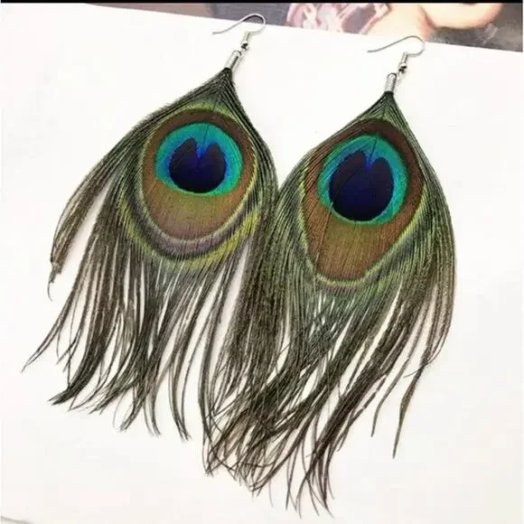 Whimsical Natural Delicate Boho Peacock Feather Dangle Drop Hook Earrings A0105 - Picture 4 of 12